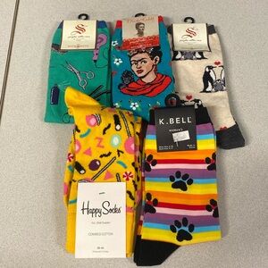 NWT Lot of 5 Women Novelty Socks Cats Penguins Frida Rainbow Hair Stylist Stripe